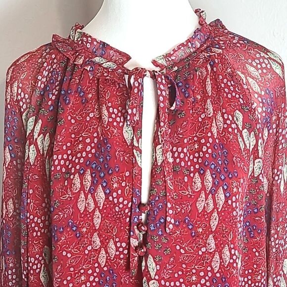 LOFT Red Sheer Blouse, Blue & White Print, Ruffled Collar & Cuffs, Size XL - Picture 5 of 13